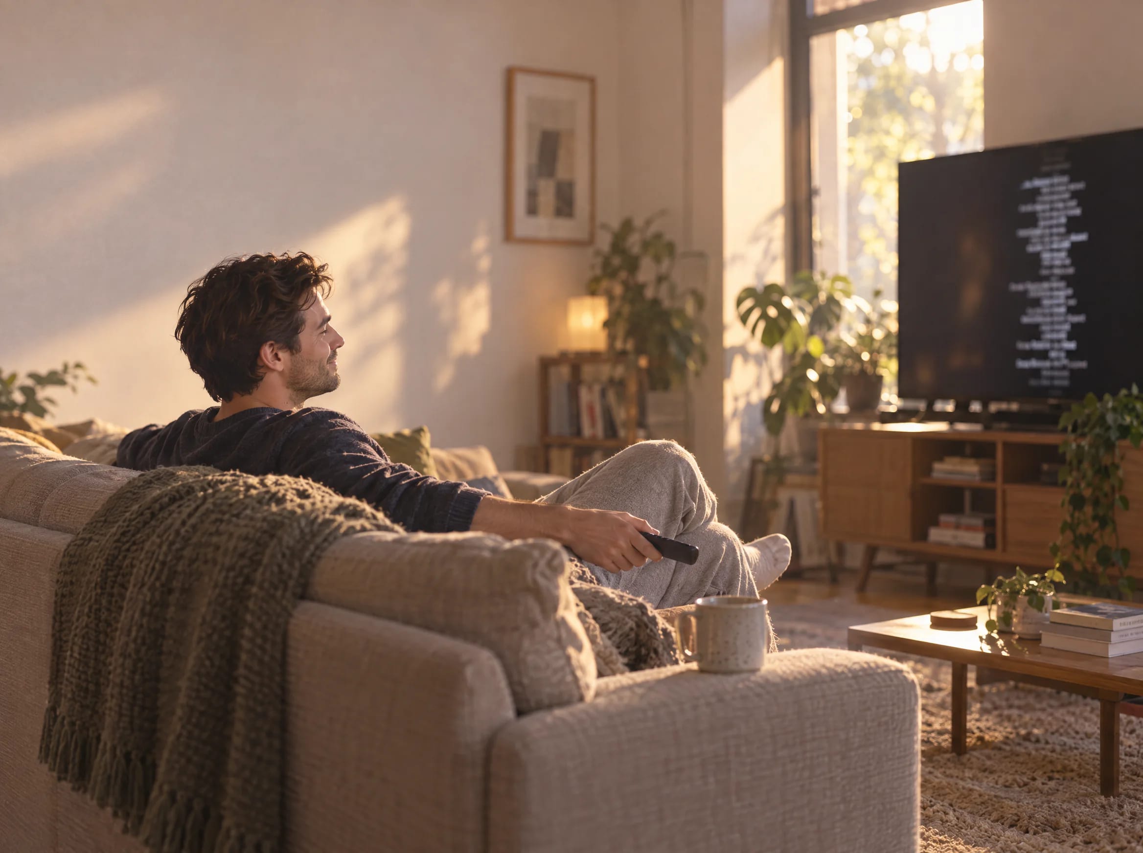 A man relaxes on the sofa as the end credits roll on the TV.
