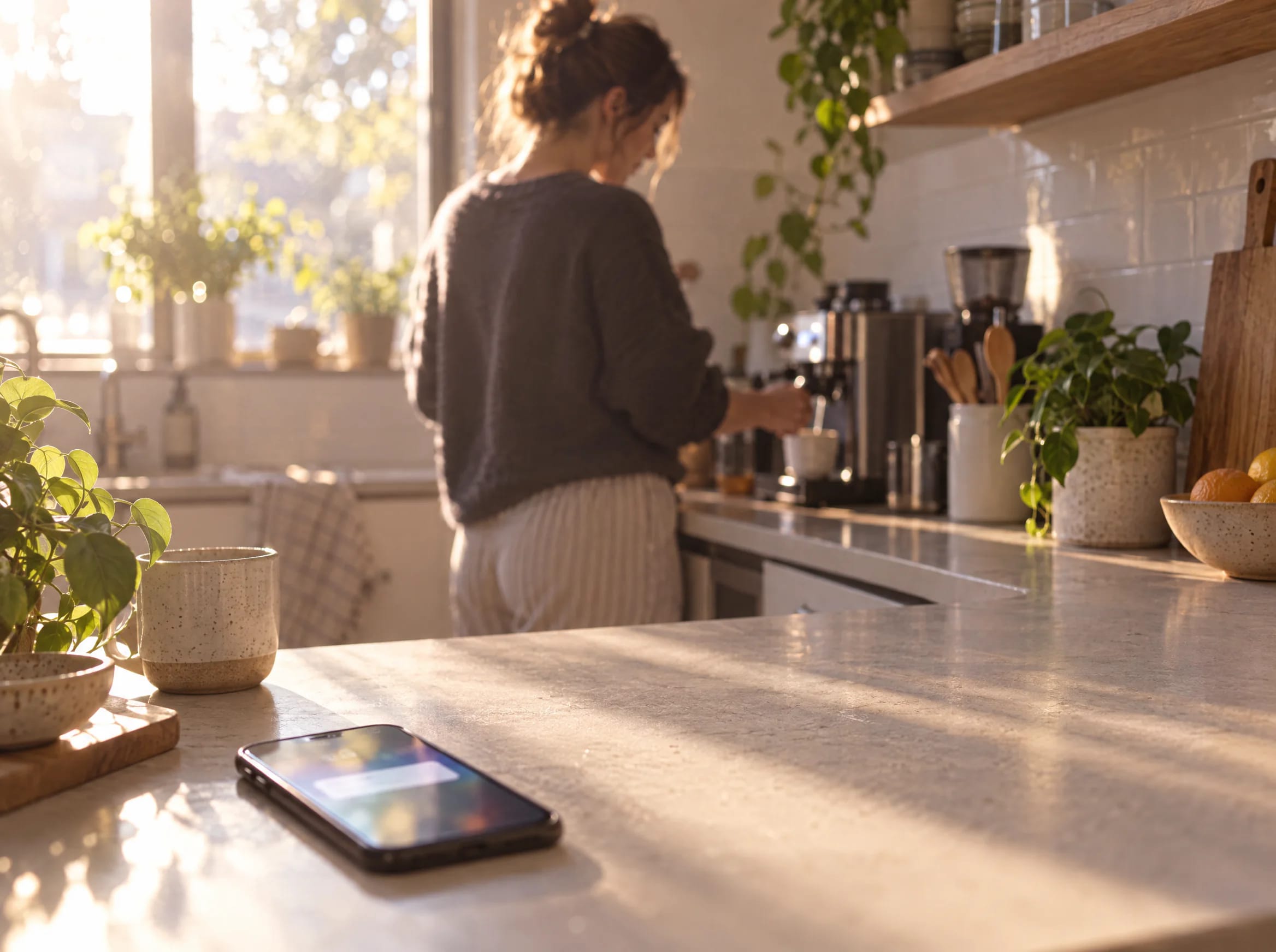A woman makes coffee in a sunlit kitchen while her phone lights up on the bench.