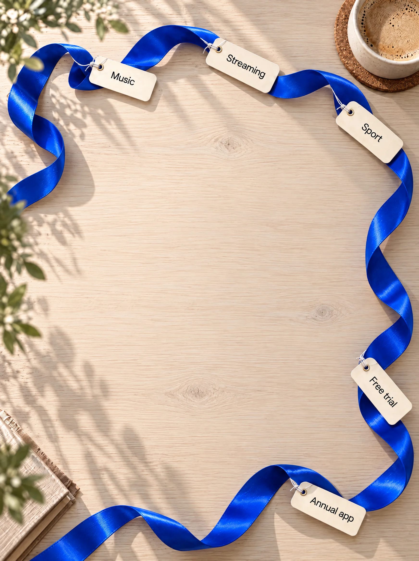 A blue ribbon with tags for music, streaming, sport, a free trial and an annual app lies gathered on a sunlit timber table.