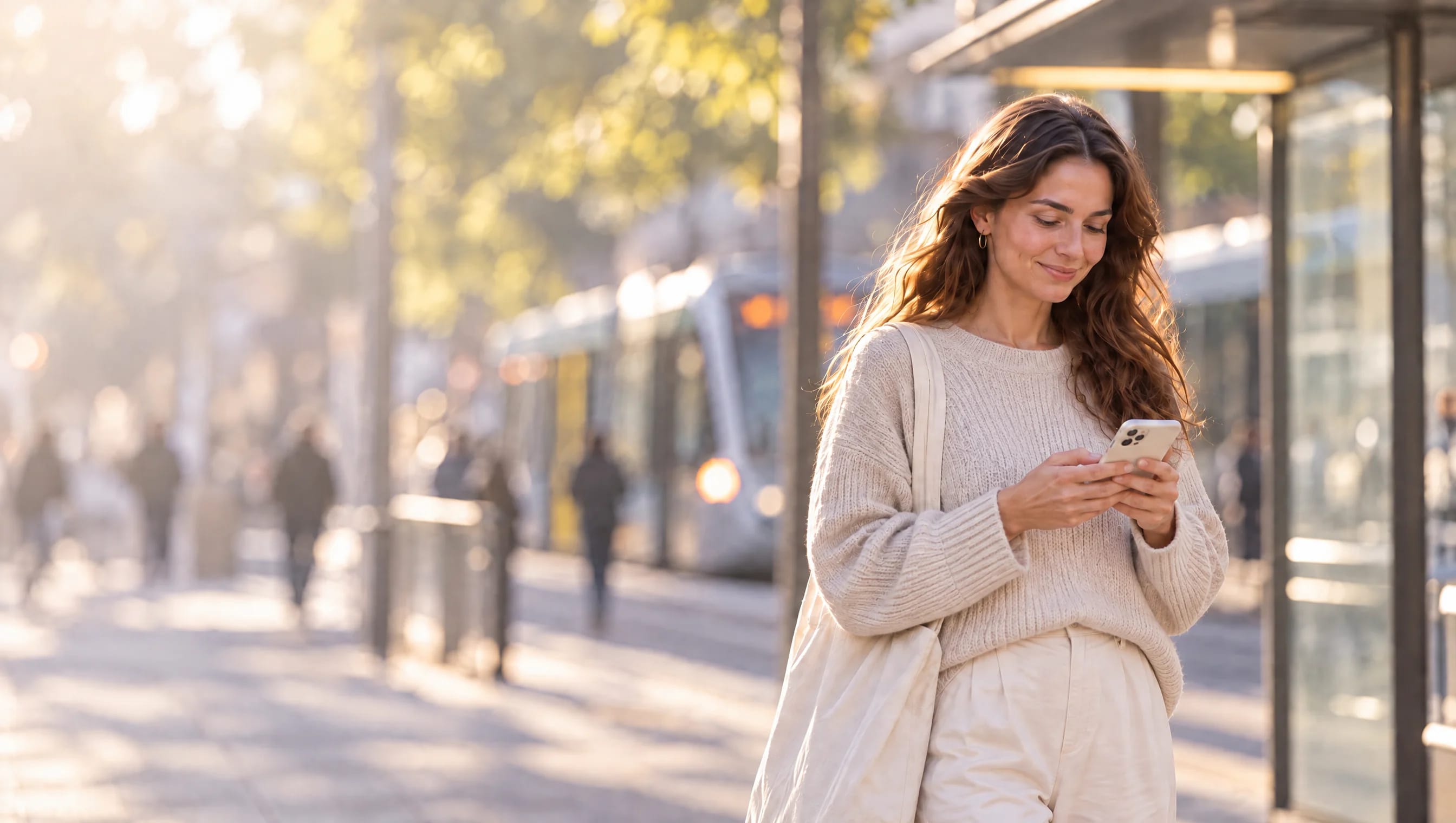 A woman at a tram stop smiles as she reads her phone.